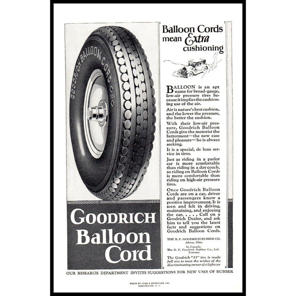 1924 BF Goodrich Rubber Balloon Cord Tires Vintage Print Ad Antique Car Drawing